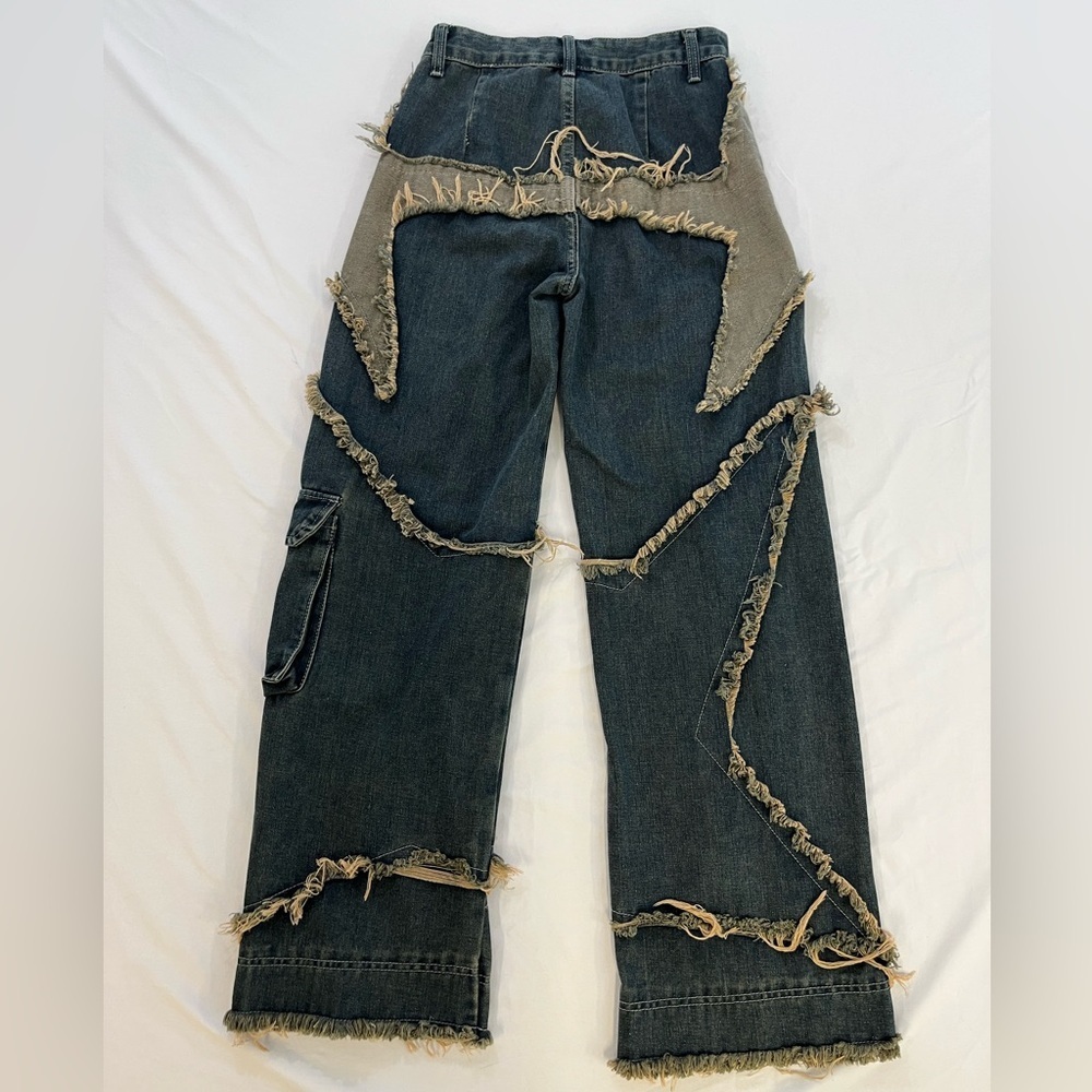 ROMWE Wide Leg Jeans Distressed Patchwork Frayed Star Denim Y2K Size 4 - Picture 2 of 12